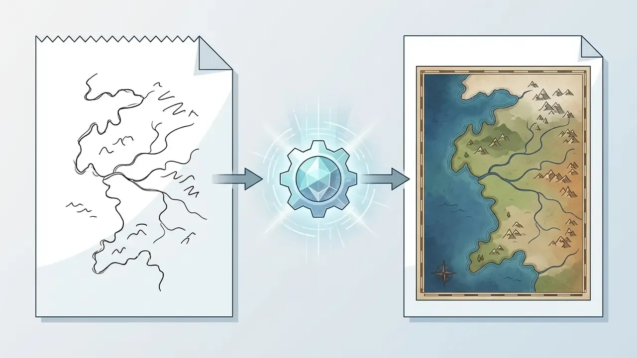 Rough sketch of a coastline processed through a glowing gear icon into a detailed fantasy map