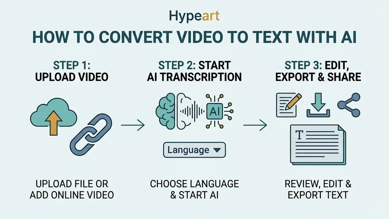 Three step process showing video file upload, language selection for AI processing, and text export