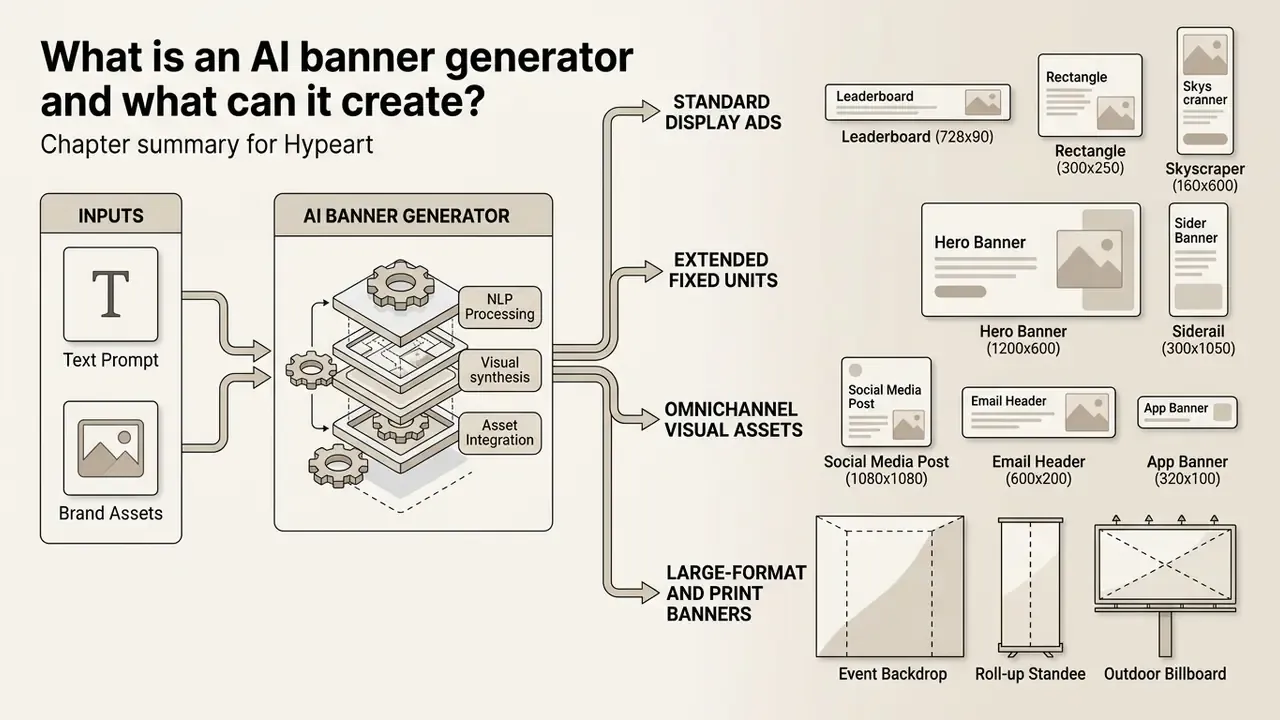 Flowchart showing how an AI banner generator converts text and brand assets into various digital formats