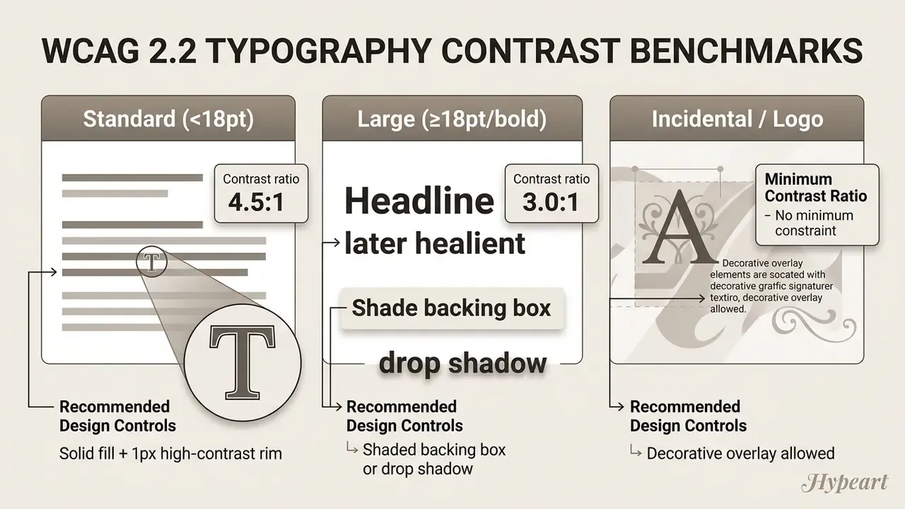 Table comparing WCAG 2.2 contrast ratio requirements for standard, large, and incidental text styles