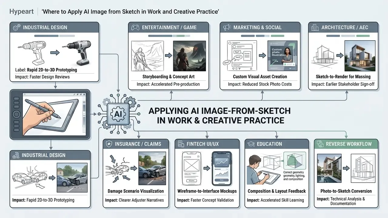 Diagram mapping professional use cases for transforming hand-drawn sketches into rendered digital assets