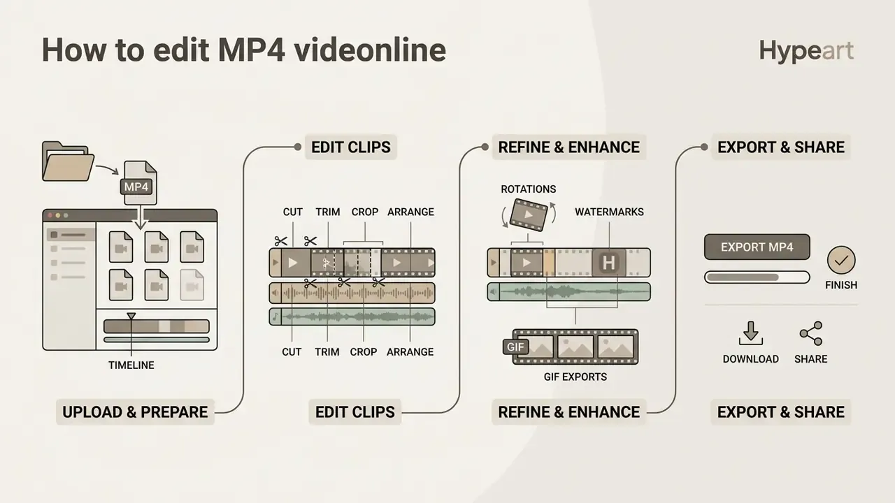 Linear workflow infographic showing steps to upload, edit, refine, and export MP4 video files online