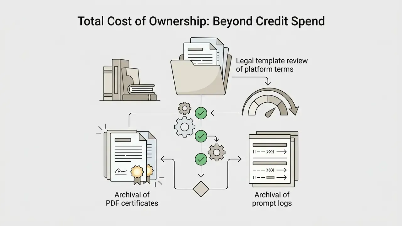 Legal documents and gears connecting to PDF certificates and prompt logs for compliance tracking