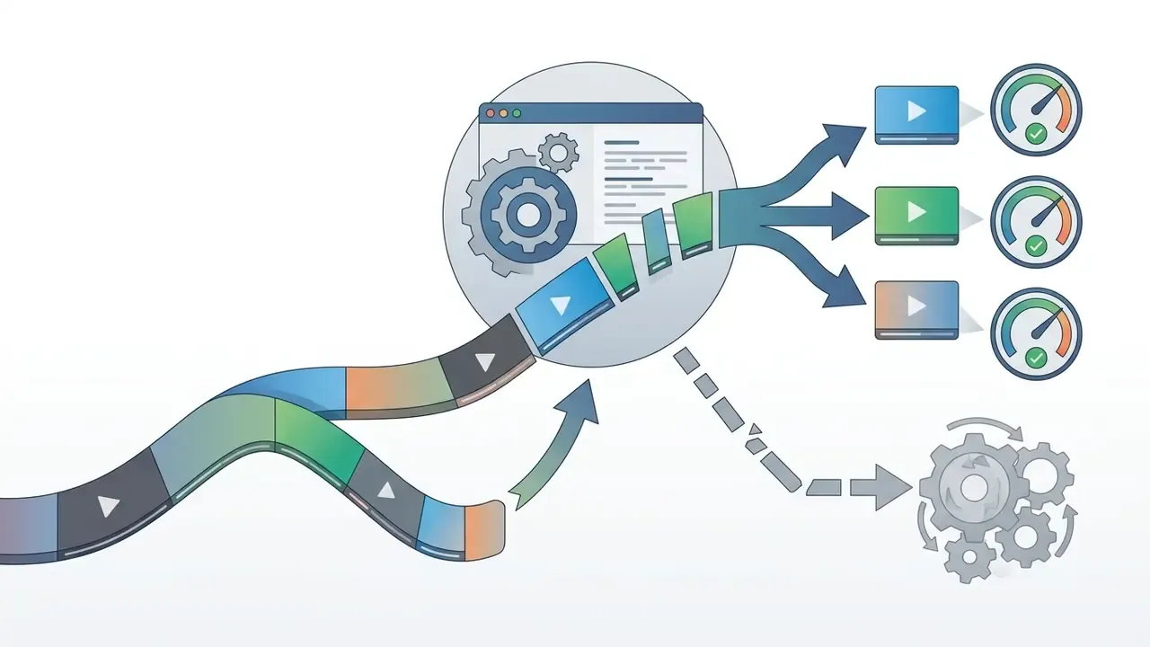 Long video content flowing into a processing hub that routes clips to output gauges and gear systems