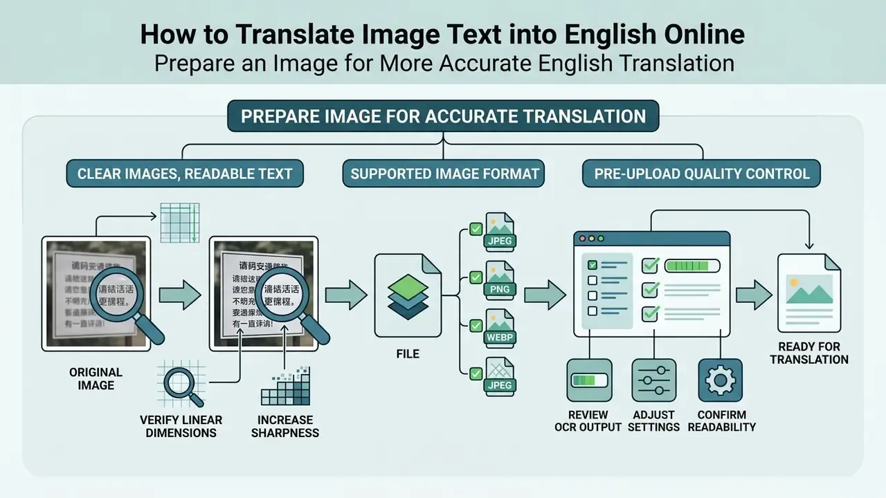 Diagram showing steps to improve image quality for accurate translation by adjusting clarity and format
