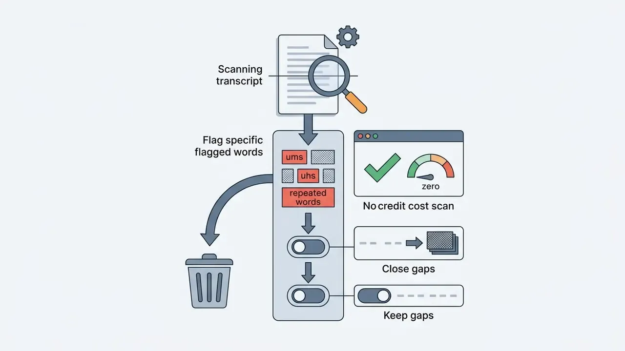 Transcript scanning process highlighting filler words for deletion and options to adjust timing gaps