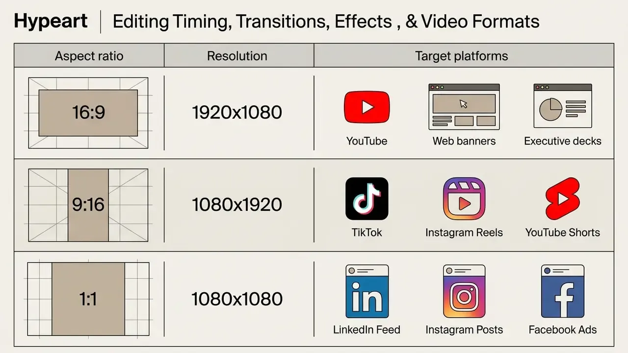 Table comparing aspect ratios and resolutions to their recommended social media and web distribution channels