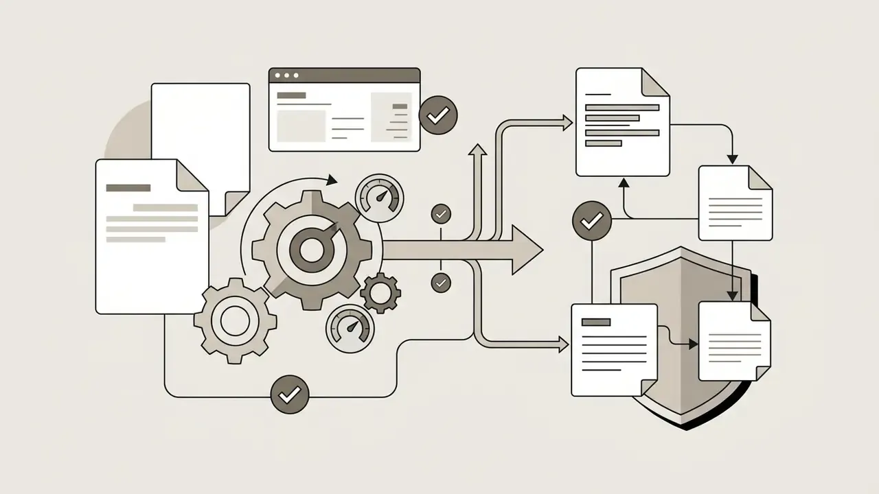 Documents feeding into gears and a processing hub that routes content through a security shield