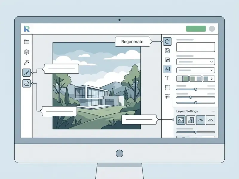 Computer screen showing an image editing interface with annotation callouts for tools and settings