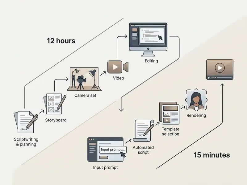Comparison diagram showing traditional video production taking 12 hours versus AI generation in 15 minutes