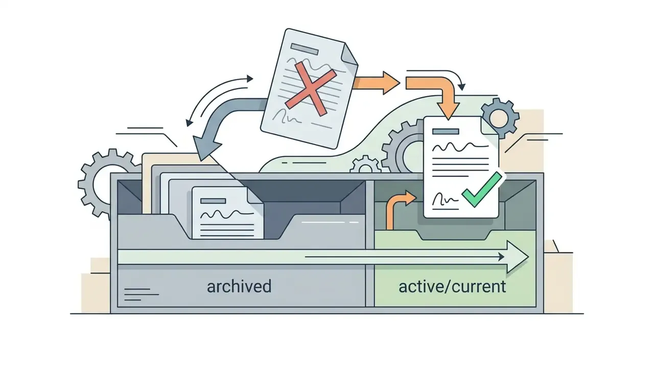 Document with a red cross moving into an archived bin while a new document with a green check moves forward
