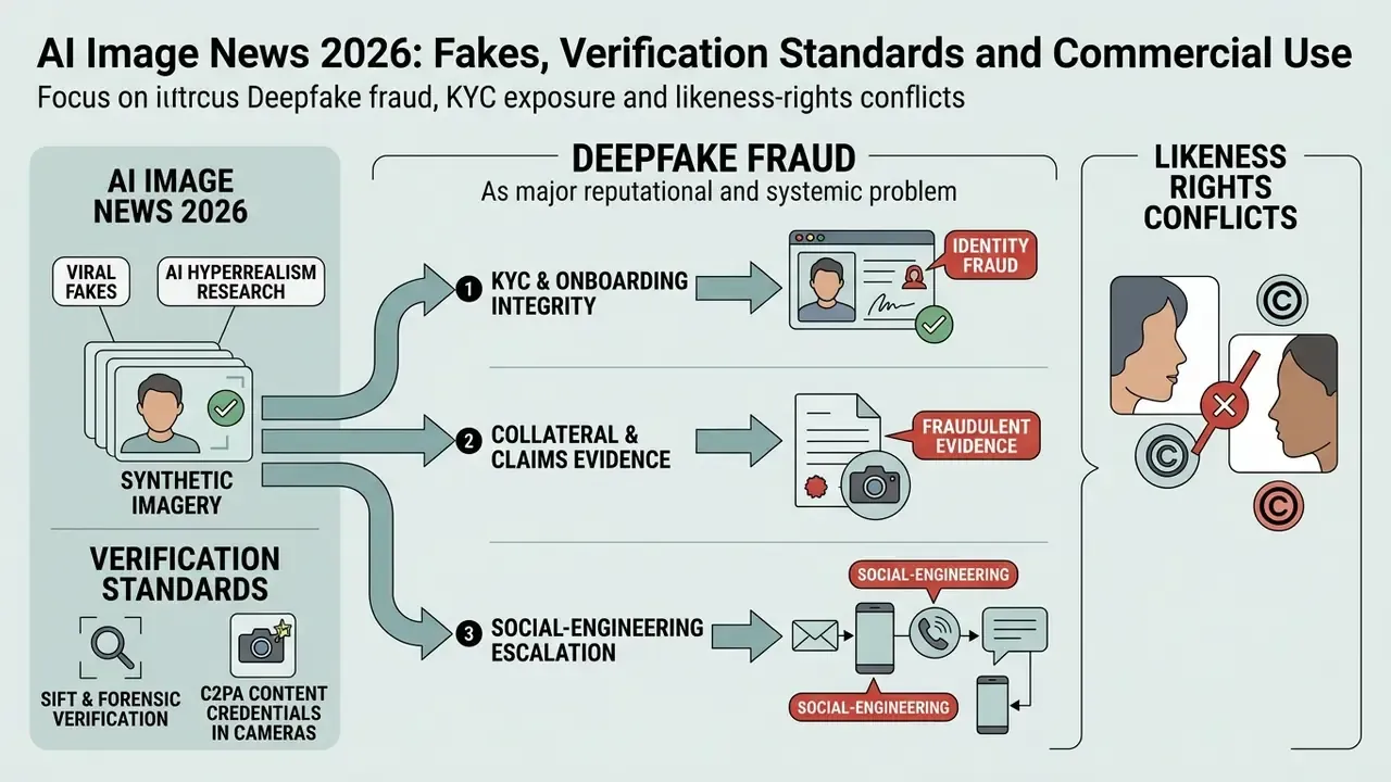 Diagram showing how synthetic imagery leads to identity fraud, false evidence, and social engineering