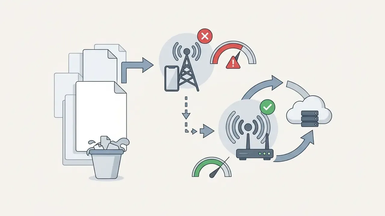 Files moving from a trash bin toward a cellular tower and then to a Wi-Fi router for cloud storage