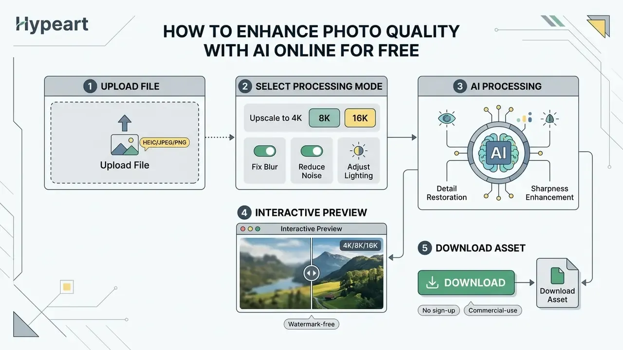 Five step process diagram showing how to upload, process, preview, and download enhanced images