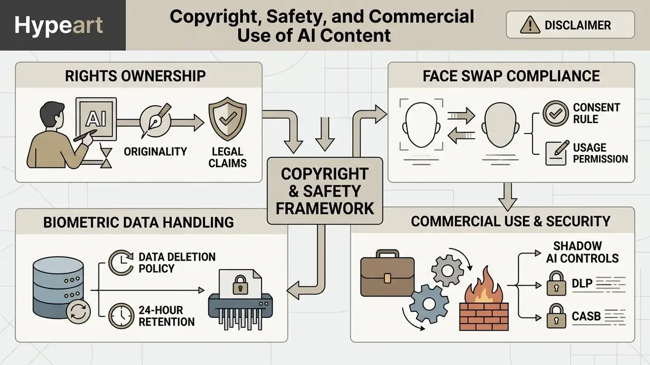 Diagram outlining a copyright and safety framework for AI artist tools including data and compliance workflows