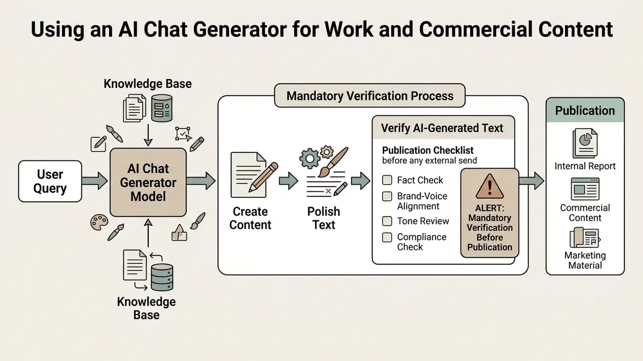 Process flow showing content creation, text polishing, and a mandatory verification checklist