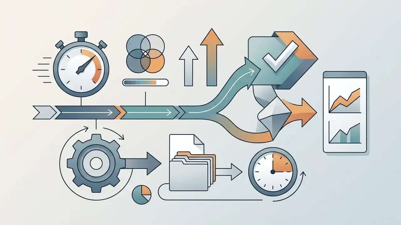 Icons of a stopwatch, gears, and folders showing the timing and performance of AI video generation