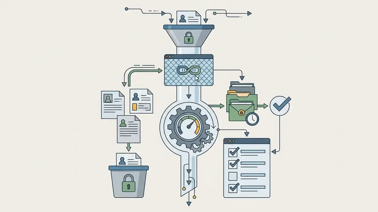 Data funnel processing documents through a security filter into a gear engine and compliance checklist