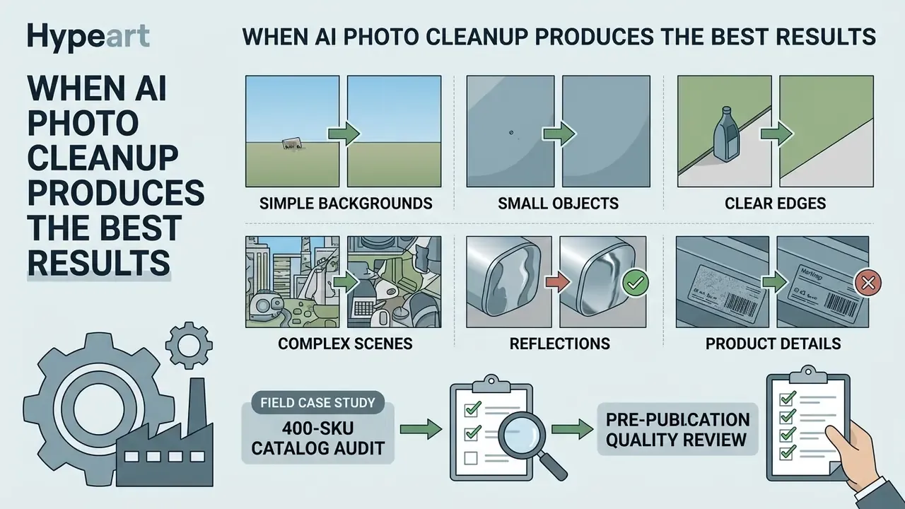 Infographic comparing ideal and challenging scenarios for ai image cleanup with a quality review process