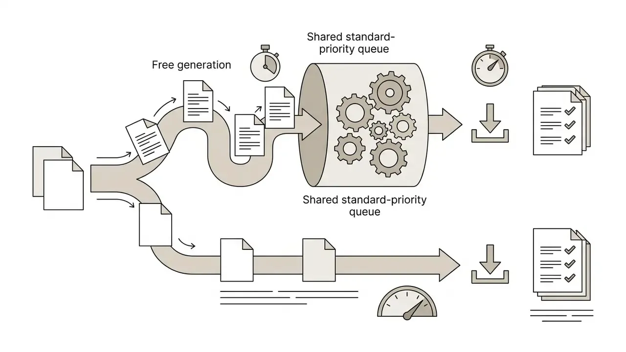 Documents splitting into two paths to show standard and priority queues for an AI face generator