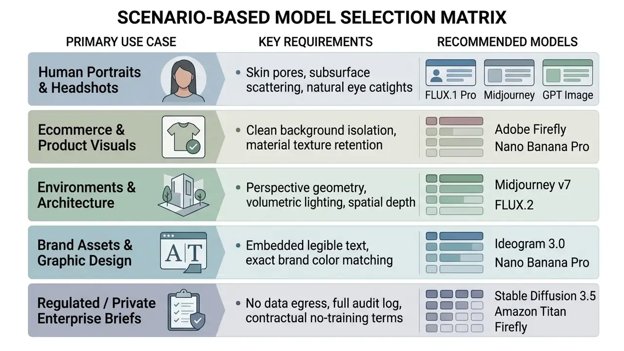 Matrix mapping specific use cases and technical requirements to recommended AI image generator models
