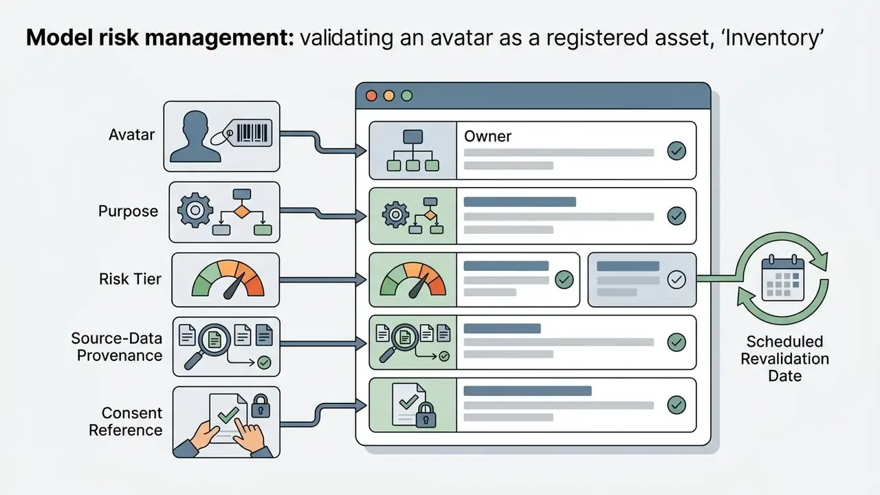 Data fields for an AI avatar inventory including owner, purpose, risk tier, provenance, and revalidation