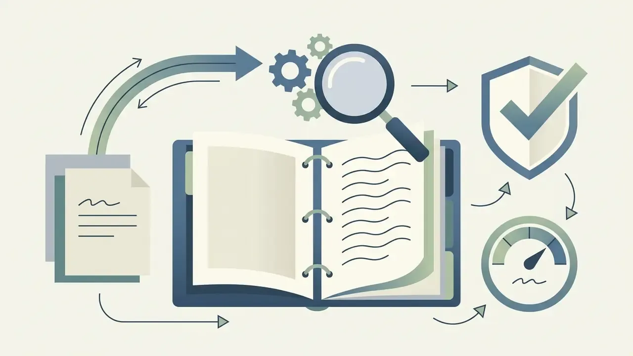 Binder being reviewed by a magnifying glass and gears to produce a shield icon and speed gauge