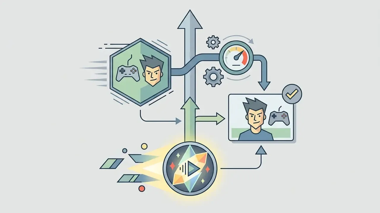 Character avatar and game controller icon flowing through a gauge to a verified video output