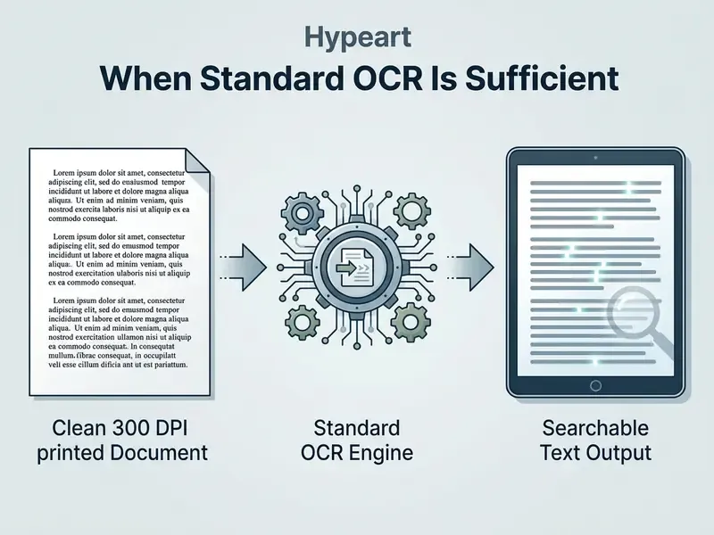 Diagram showing a printed document processed by an OCR engine to produce searchable digital text