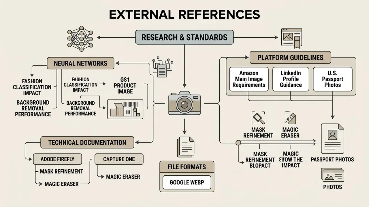 Map of research standards, neural networks, platform guidelines, and technical documentation for image editing