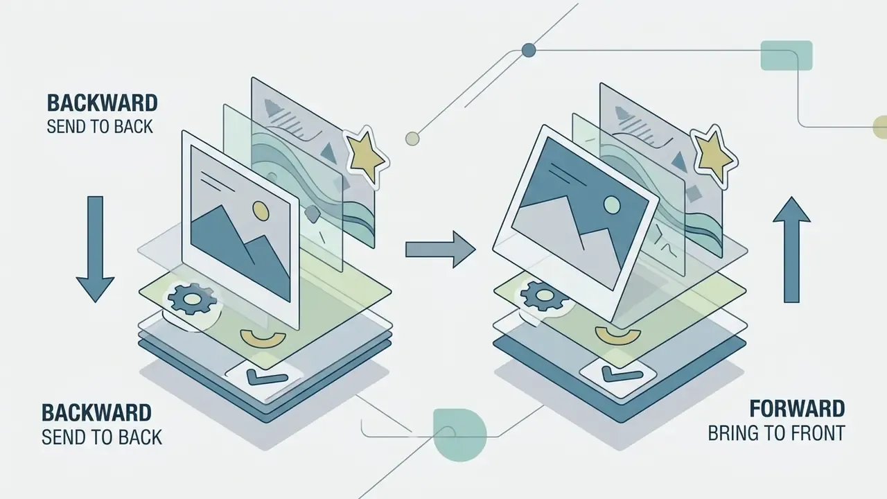 Isometric layers showing how to reorder images and stickers by sending them backward or forward