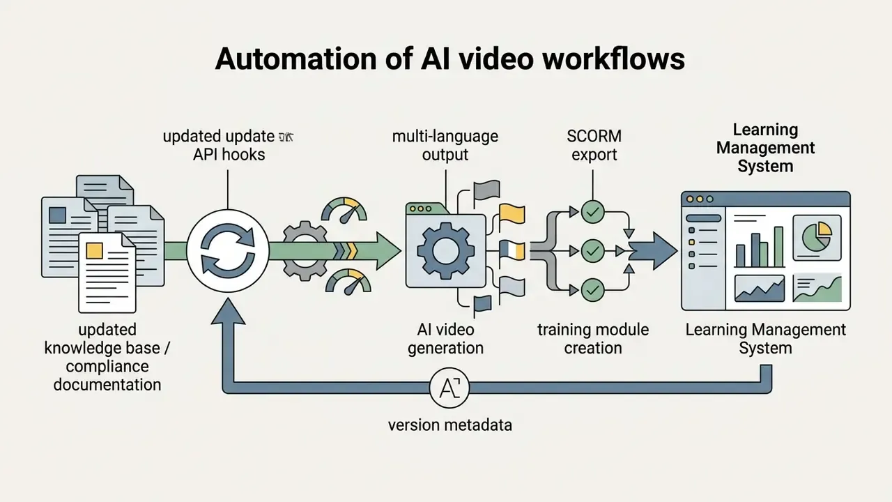 Process flow diagram showing documentation updates triggering AI video generation and LMS synchronization