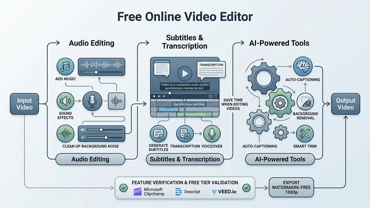 Process diagram showing audio enhancement, automated transcription, and AI features for media production