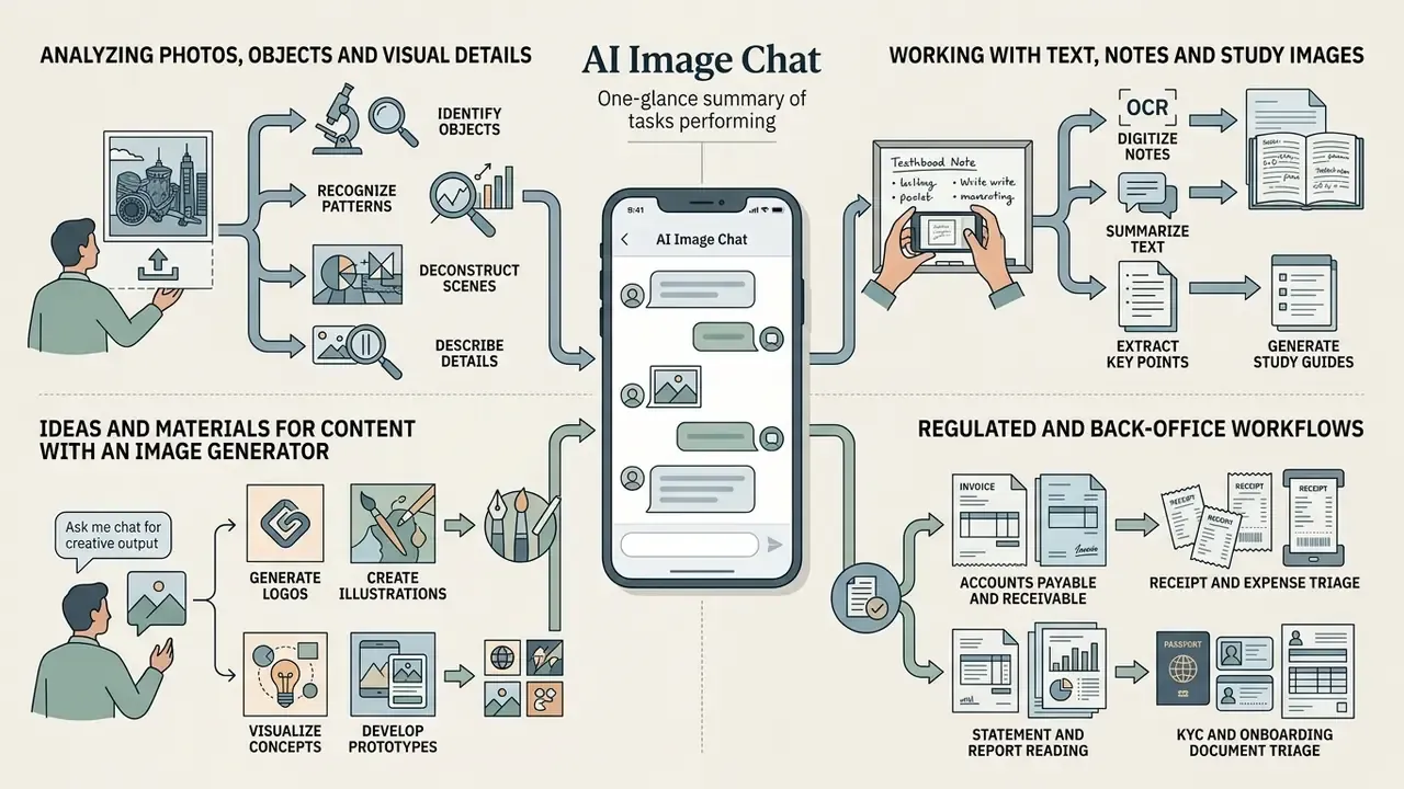 Central smartphone interface surrounded by icons depicting visual analysis, content creation, and document tasks
