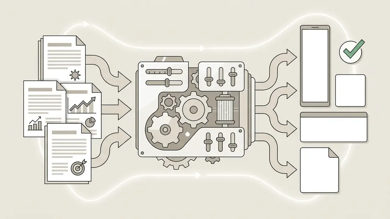 Documents with data feeding into a central gear mechanism to produce various digital output formats
