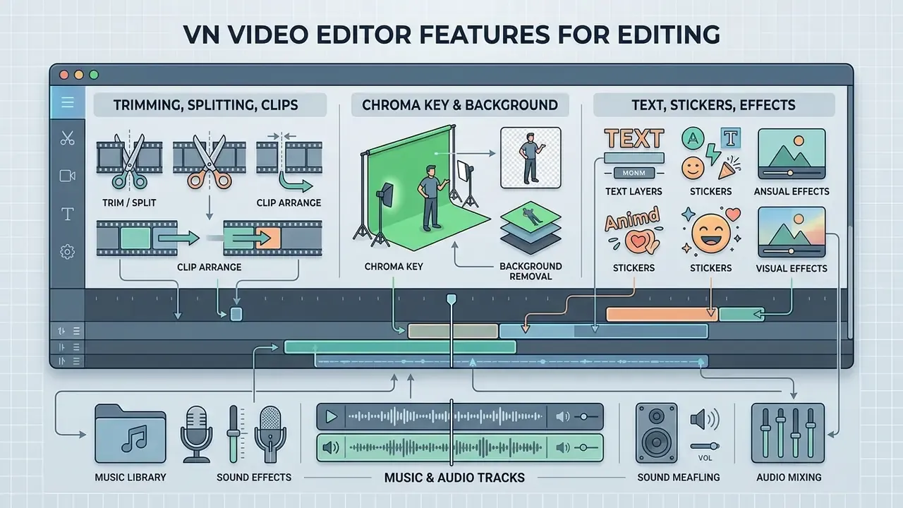 Summary graphic detailing video trimming, chroma key tools, visual elements, and audio mixing capabilities