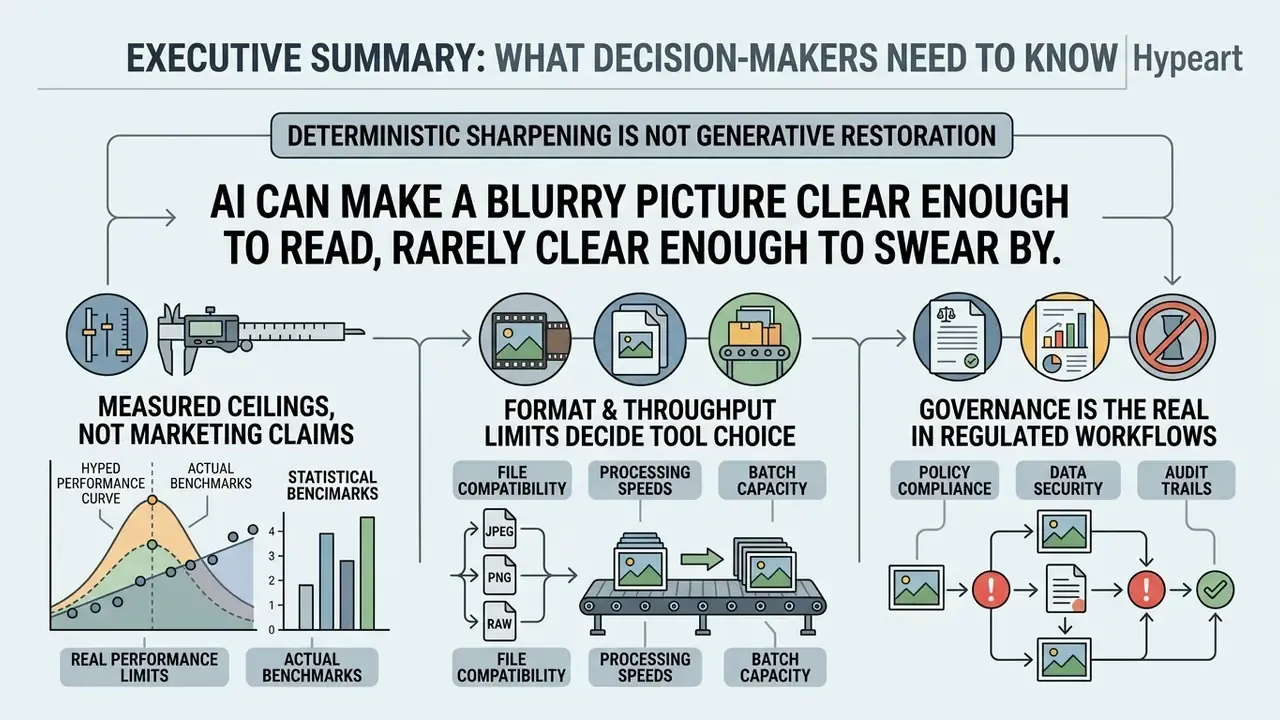 Infographic showing how AI unblur image tools are limited by technical benchmarks and governance protocols
