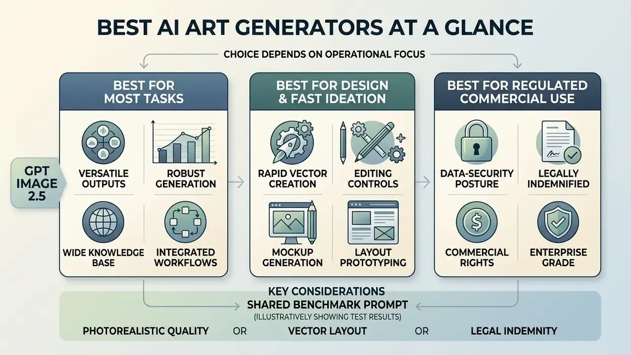 Infographic comparing AI art generators based on task versatility, design features, and commercial use