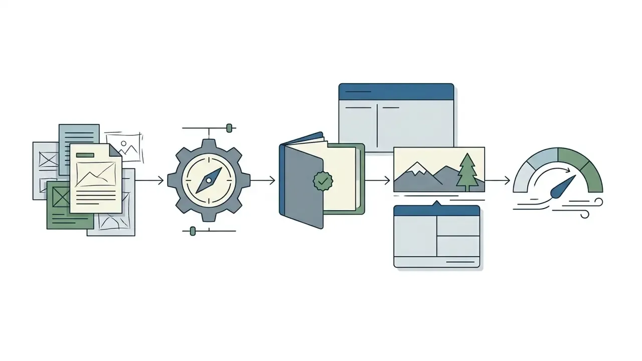 Stack of documents moving through a compass gear and book toward landscape images and a speed gauge