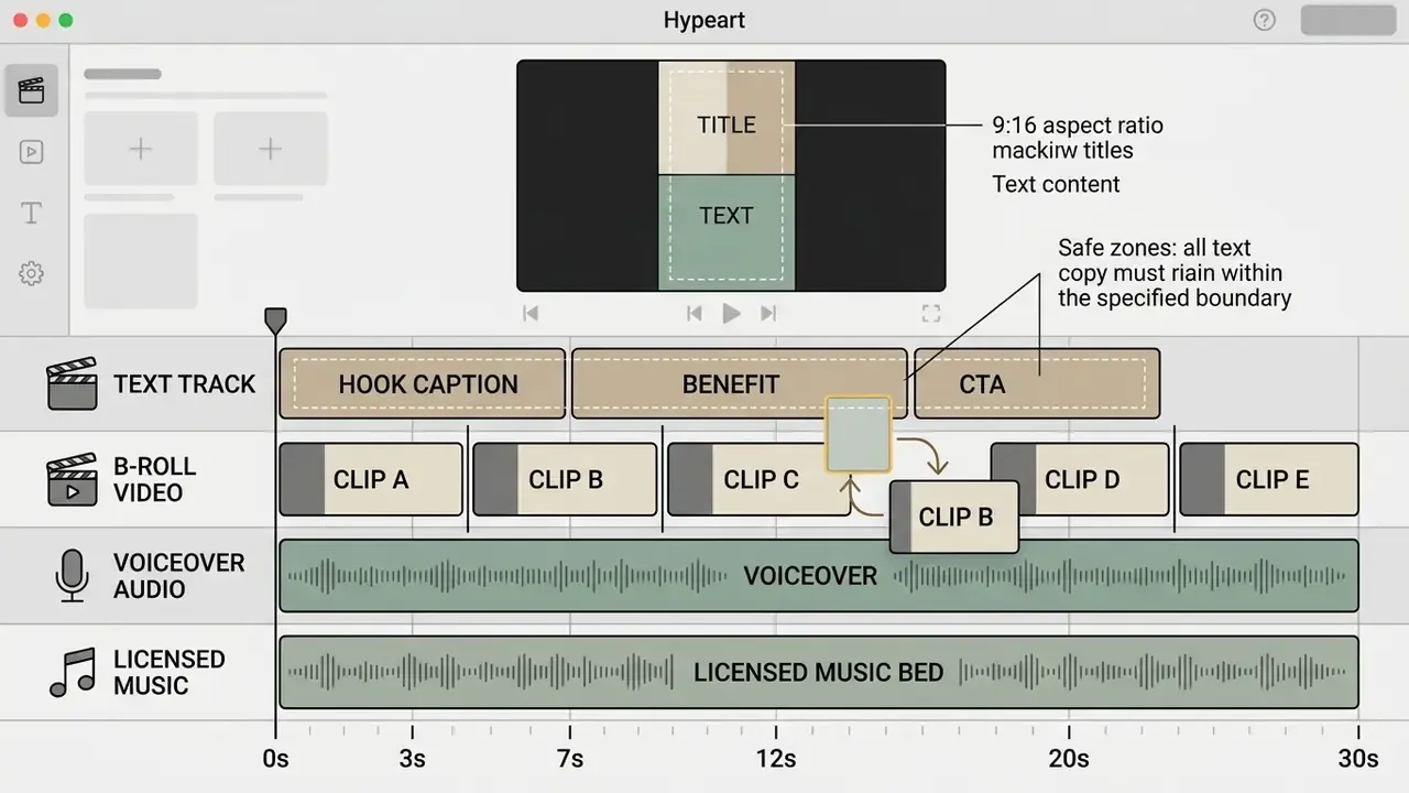 Timeline interface showing stacked tracks for text, b-roll video, voiceover, and background music