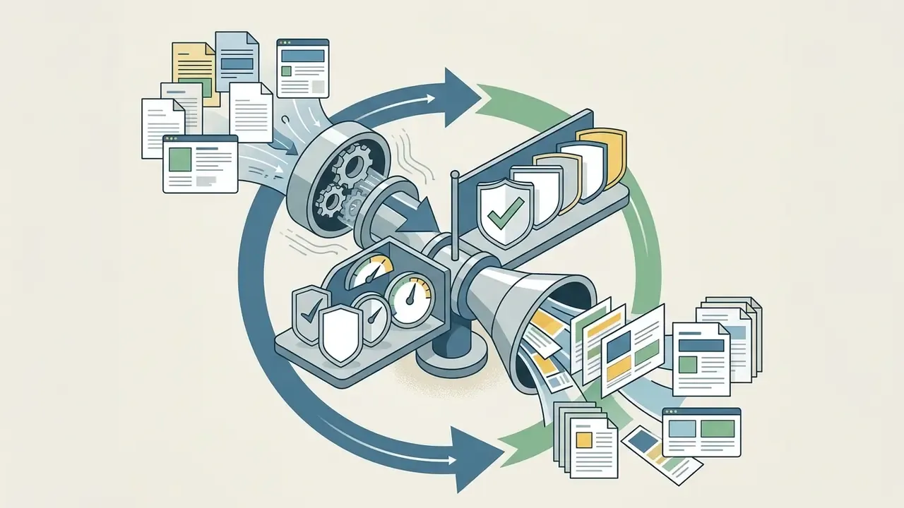 Documents entering a gear mechanism and passing through shield filters to emerge as processed content