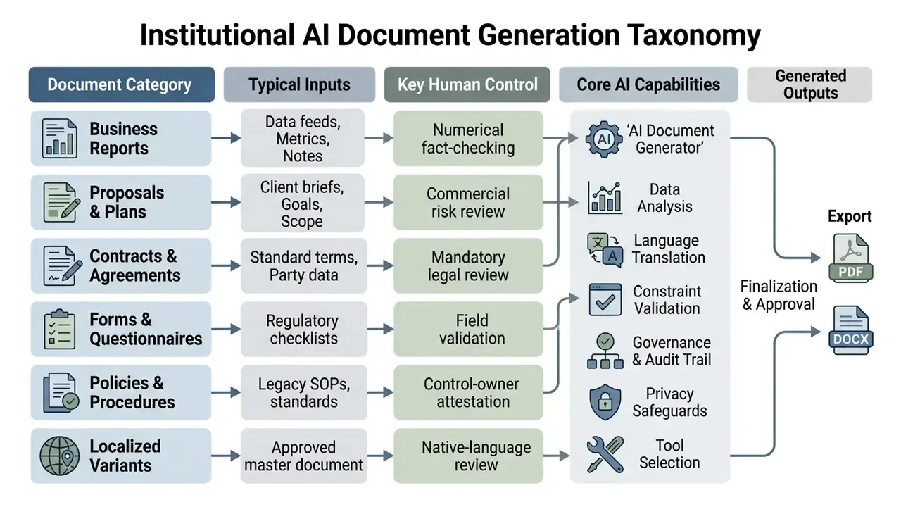 Table mapping document types to inputs, human review steps, technical capabilities, and final file exports