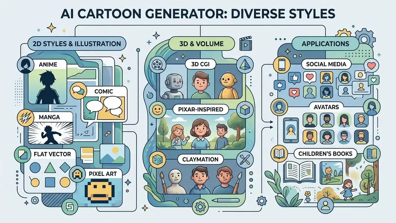 Infographic displaying 2D, 3D, and illustrative art styles alongside various digital media applications
