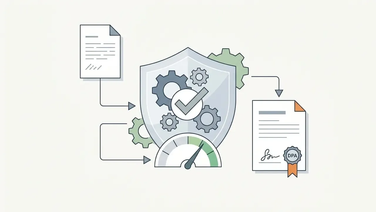 Document flowing through a central shield and gear mechanism to a signed DPA contract