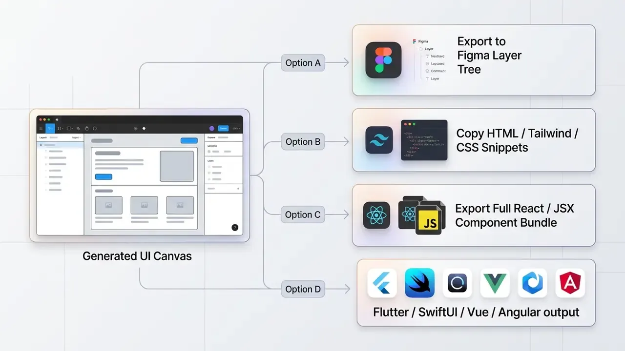 Diagram showing four export pathways from a design canvas to Figma, code snippets, React, or frameworks