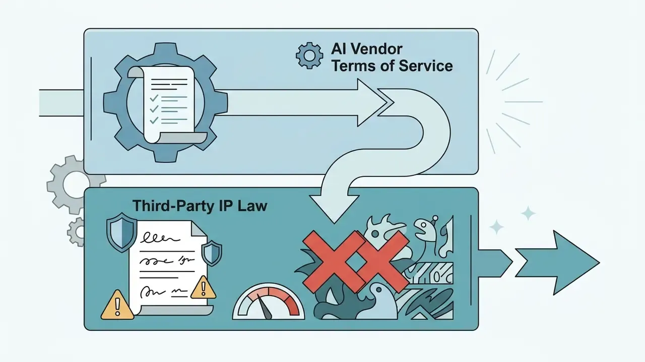 Two stacked boxes showing a gear-driven process connecting AI terms of service to third-party IP law