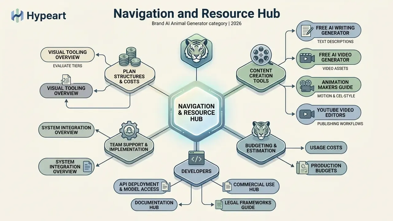 Central hub diagram connecting development resources, content tools, and commercial planning categories