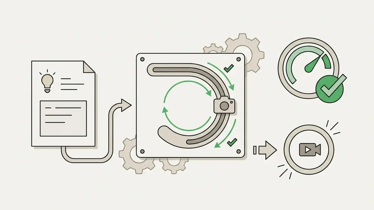 Prompt document feeding into a camera rotation panel with performance gauges and a video output icon