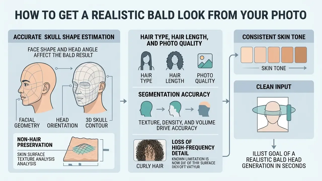 Diagram detailing factors like skull geometry, hair attributes, and skin tone for an AI bald filter result