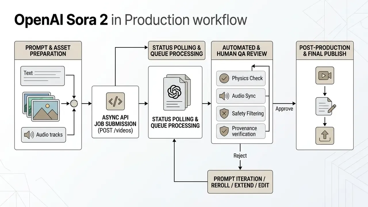 Sequential process flow for OpenAI Sora 2 from initial prompt preparation through API submission to QA